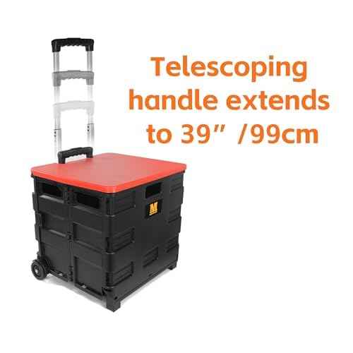 MaxWorks 50919 Portable Rolling Folding Dolly ? Black Collapsible Utility Cart with Durable Wheels, Extra Storage & Easy-Fold Design for Shopping, Teaching, and Office Use