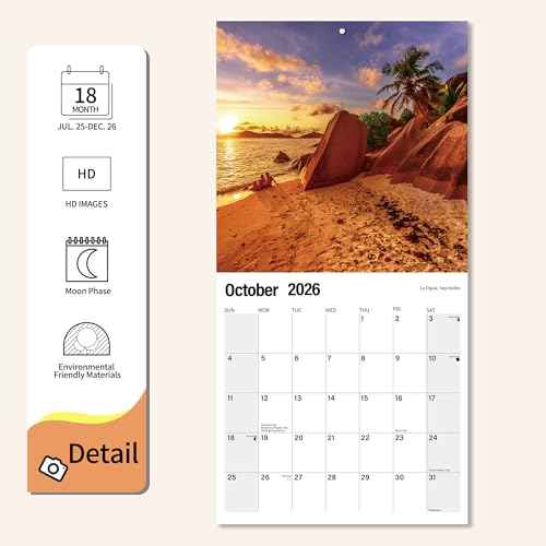 2026 Wall Calendar Planner Calendar - Sunset On The Beach Hangable Monthly Wall Calendar with Large Blocks for Organizing & Planning, Academic Schedule, Home, Office & family, Thick & Sturdy Paper