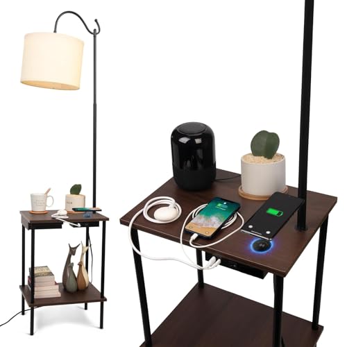 Floor Lamp with Table Industrial Rustic End Table,Industrial Floor Lamp with USB Wireless Charging Port£¦Charging Outlet,Bedside Nightstand Shelves Standing Light Tall Pole lamp with Drawer