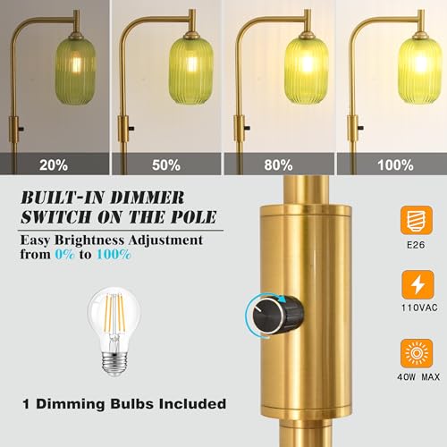 Dimmable Brass Gold Floor Lamp, Mid Century Modern Standing Lamp with Ribbed Green Glass Lampshade,Tall Lamp for Living Room Bedroom Study Room