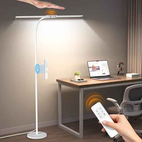 Syrinx LED Floor Lamp, Double Head Gooseneck Floor Lamps for Living Room with Gesture Switch & Remote Control, 14W Bright Tall Standing Lamp Modern Eye-Caring Reading Floor Lamp for Bedroom Office
