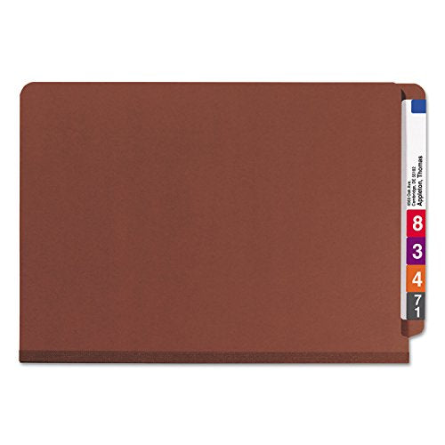 Smead 100% Recycled End Tab Pressboard Classification File Folder with SafeSHIELD Fasteners, 2 Dividers, 2" Expansion, Legal Size, Red, 10 per Box (29860)