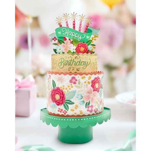 Freshcut Paper Pop Up Birthday Card for Women, Blooming Birthday Cake, 12 Inch Life Sized Tiered Cake, 3D Popup Greeting Cards with Blank Notecard & Envelope