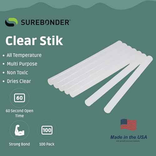 Surebonder DT-100 Mini Size Hot Glue Sticks for Mini Glue Guns 0.27 in. Diameter, 4 in. Length - All Purpose, All Temperature - Great for DIY, Arts, and Crafting - 100 Pack, Clear