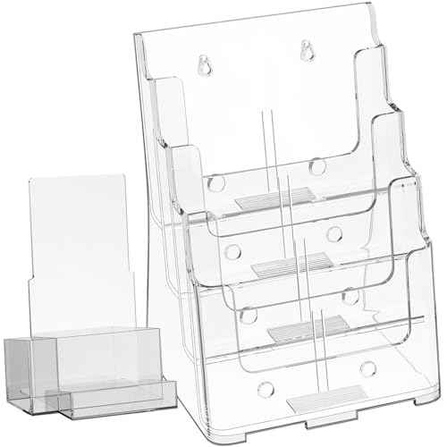 Acrylic 4-Tier Brochure Holder Pack of 2 with Free Business Card Holder 9" x 13" ? Wall Mount or Countertop Organizer for Magazines, Pamphlets, Flyers, and Menus holder with Divider for 4