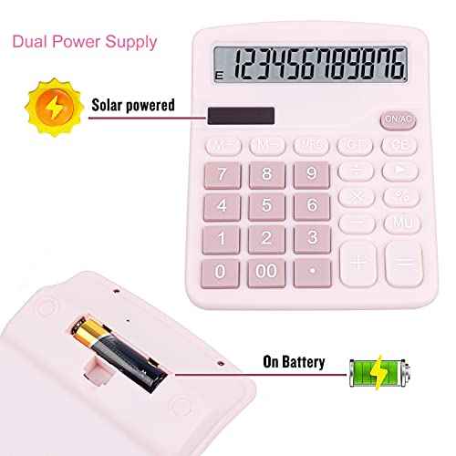 Cute Pink Desktop Calculator with Big Buttons, Dual Power Source, Solar and Battery, Large Display Screen - Perfect for Office, Teachers, and Students (Pink)