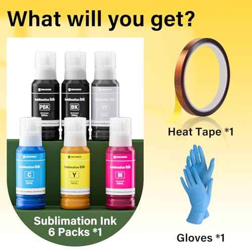 600ML Sublimation Ink with Heat Tape for Ecotank ET-8550 ET-8500 ET8550 ET8500 8550 8500 Wide-Format Supertank Printers, Heat Press Transfer on T-Shirt Tumblers (6x100ML, BK PB C M Y GY)