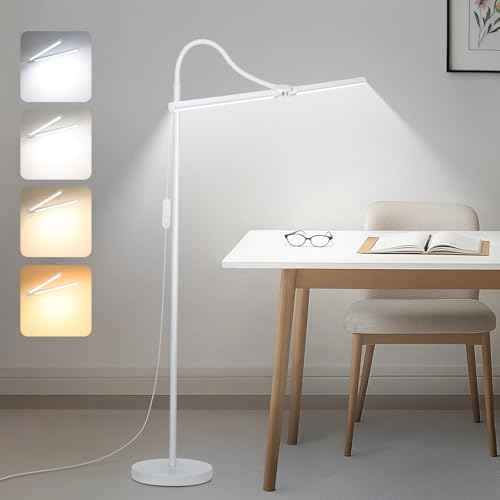 White Floor Lamp, 15W/1800LM Bright LED Floor Lamp for Living Room, Adjustable Gooseneck Dimmable Standing Office Task Lamp for Reading, Study, Eye Caring Lash Light for Sewing Tatoo Facial Spa