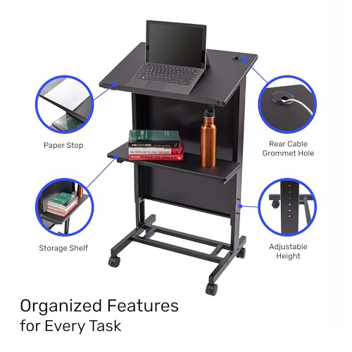 S Stand Up Desk Store Mobile Adjustable Height Lectern Podium – Black Frame, Black Shelves