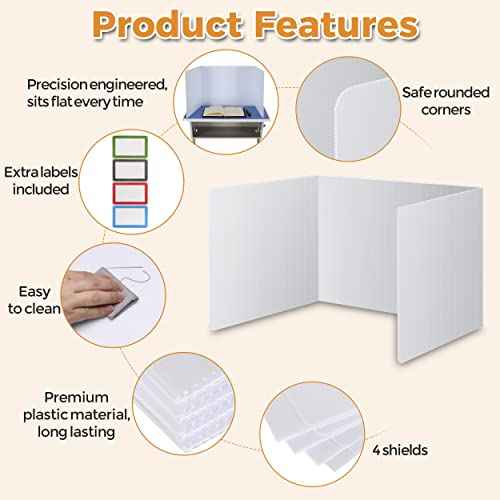 4-Pack Classroom Privacy Shields for Student Desks - Easy to Clean Plastic Desk Divider Folder Study Carrel Sneeze Guard for Student Testing Dividers Boards