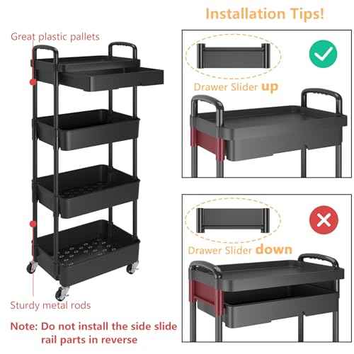 Calmootey 4-Tier Rolling Utility Cart with Drawer,Multifunctional Storage Organizer with Plastic Shelf & Metal Wheel,Storage Cart for Kitchen,Bathroom,Living Room,Office,Black