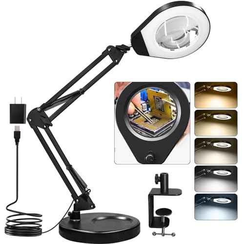 Magnifying Glass with Light and Stand & Clamp, Magnifying Desk Lamp with LED Lighted 5X Magnifier, Dual Fixtures, Upgraded Switch, for Hobby Craft Repair Reading Precision Work