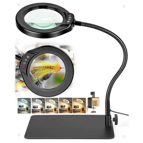 5 Inch Large Magnifying Glass with Light and Stand, 10X Hands-Free Desk Lamp & Clamp, 5 Color Modes Stepless Dimmable Flexible Gooseneck, LED Lighted Magnifier for Repair Crafts Close Work Painting
