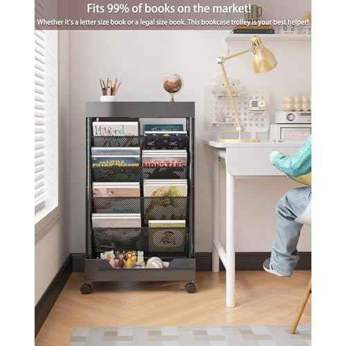 UMDONX Rolling Book Cart Double-Sided Large Capacity Bookshelf on Wheels for Home, Office, Classroom ? Holds A4, Letter, and Legal-Size Documents