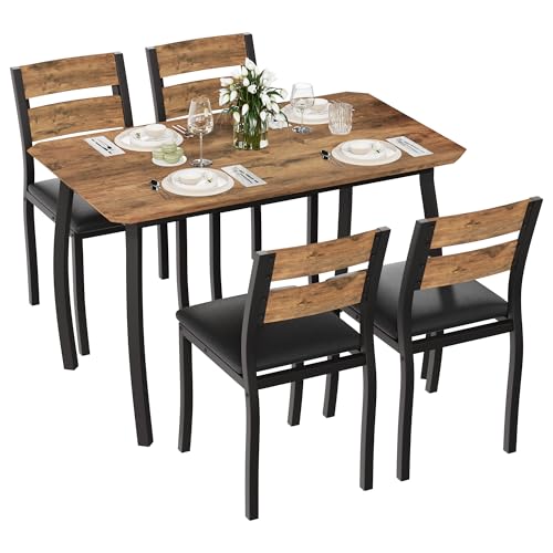 IDEALHOUSE Dining Table Set for 4 - 43in Latte Wood Table & 4 Cushioned PU Leather Chairs, Space-Saving Chamfered Edges, Soft Seat Black Tube Variation Included