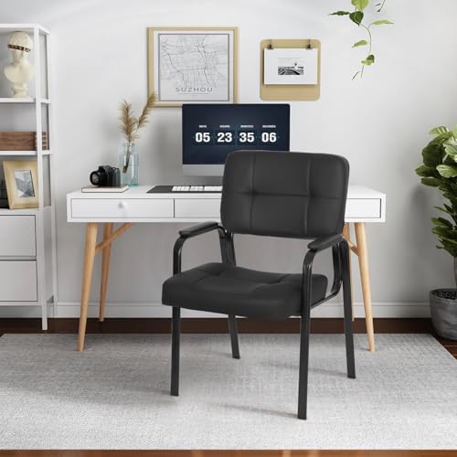 FDW Office Guest Chair Reception Chair Waiting Room Chairs with Padded Armrest PU Leather for Home Office Reception Meeting Room Chair Lobby No Wheels, Black