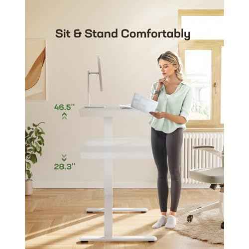 Marsail Glass Standing Desk with Drawer, 48 x 24 inch Electric Standing Desk, Height Adjustable Desk with One-Piece Tabletop & USB Charging Ports, Sit Stand Desk with Storage for Home & Office White