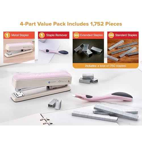 Bostitch Titan Heavy Duty Metal Stapler, 50 Sheet Capacity with 1250 Staples and Ergonomic Staple Remover, Jam Free Stapling, Full Strip Stapler for Desk, Office and Classroom, Pink & White