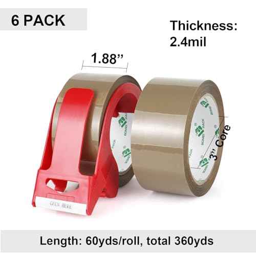 BOMEI PACK Brown Packing Tape with Dispenser, 2.4 Mil 1.88 Inch x 60 Yards, 6 Refills Rolls Packaging Tape for Moving, Shipping and Storage