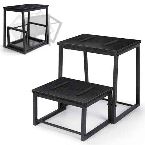 Vrisa Step Stool for Adults Wooden 2 Steps Footstool Heavy Duty RV Bedside Stepping Stool for High Beds with Metal Frame Hold Up 500LB Foot Stool for Kitchen Bathroom Bedroom, Black