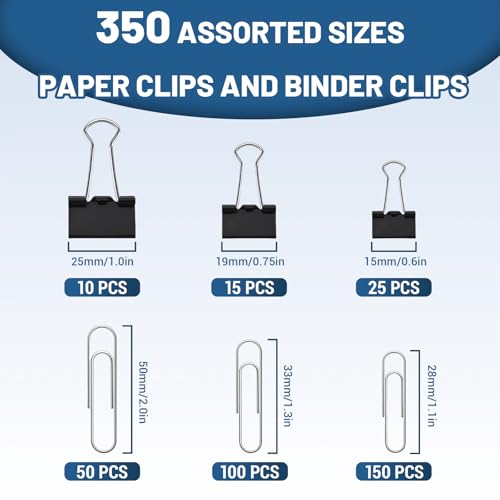 DENGXINWEI 350 Pcs Paper Clips & Binder Clips Set, Black - Assorted Sizes