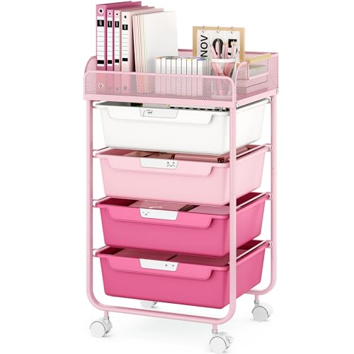 Rose Pink 4-Drawer Rolling Storage Cart with Mesh Top - Gradient Pink