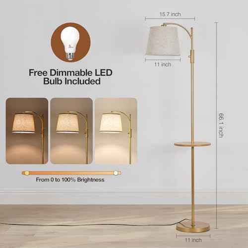 AIDENOEY Fully Dimmable Floor Lamp for Living Room£¬Standing Lamp Rotary Switch with Table&Linen Beige Shade£¬Golden Tall Lamps for Bedroom with Adjust Head£¬9W LED Bulb Included