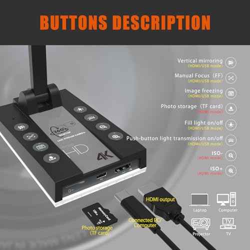 TreasLin Document Camera for Teachers HDMI USB-C 15MP HDIM Document Camera, Remote Learning Classroom Presentations Camera Art Classes Online Teaching with Multi Angle Rotation Adjustment LED Light