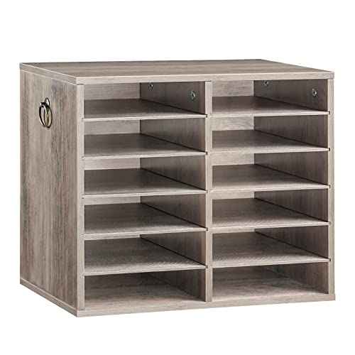 HOOBRO Literature Organizers, 12 Compartments Office Mailbox with Adjustable Shelves, Wood Countertop Literature Sorter for Office, Home, Classroom, Mailrooms Organization Greige BG12WF01