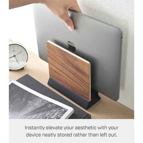 Yamazaki Home Rin Portable Laptop Holder Stand for Desk in Bedroom Or Office, Wooden Storage Station - Steel + Wood