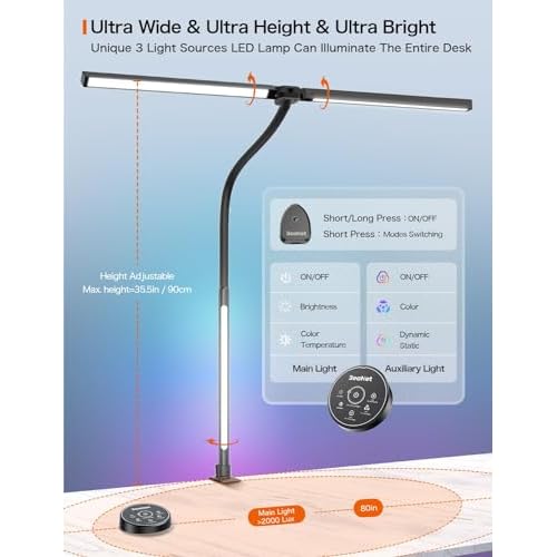 LED Desk Lamp with Clamp,Architect Desk Lamp for Home Office,24W Ultra Bright with RGB Atmosphere Lighting,Remote Control,5 Color Modes & 5 Dimmable Eye Protection for Monitor Studio Reading