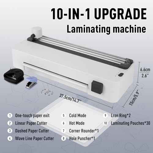 ZEQUAN 10-in-1 A4 Laminator Machine - 9 Inch Cold & Thermal Laminator with 30 Laminating Sheets, 3-in-1 Paper Cutter, Corner Rounder, Paper Punch for Documents, Photos, Crafting