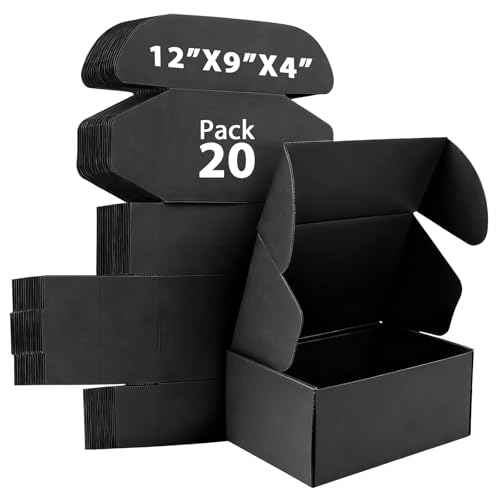 12x9x4 inches Shipping Boxes Set of 20, Small Corrugated Cardboard Box, Literature Mailer, Gift Boxes (Black, 12x9x4)