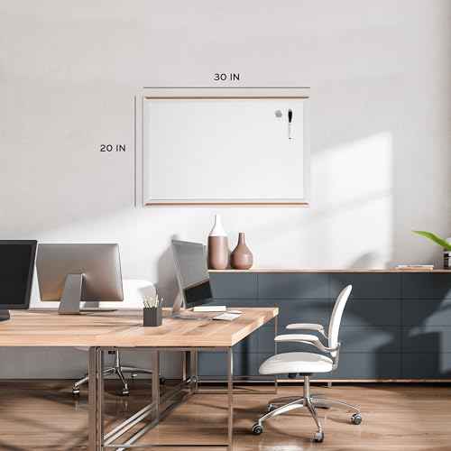 U Brands Magnetic Dry Erase Board White Board, 30" x 20", Modern White Wood Style Pin-It Frame, Includes Marker and Magnet