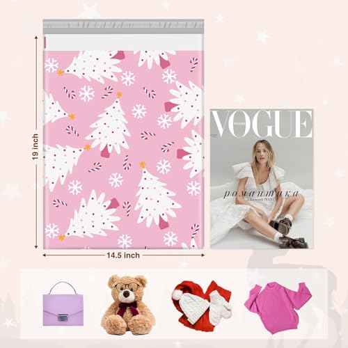 Metronic Christmas Poly Mailers 14.5x19 Inch 50 Pack Shipping Bags for Clothes,Self Adhesive Shipping Envelopes for Small Business,Waterproof Mailers Poly Bags for Shipping,Packaging Mailing Bags Pink