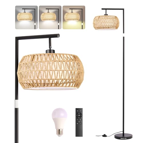 Boho Rattan Floor Lamp, Adjustable Height Bohemian Floor Lamps, Dimmable Standing Lamp with Remote Control, Rustic Lighting for Living Room, Bedroom, or Office (Brown, Oval)
