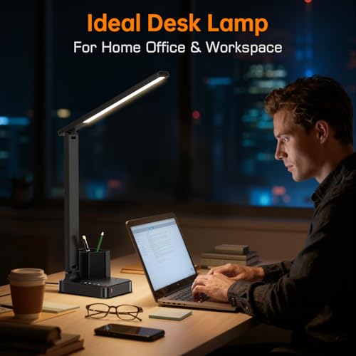 COZOO Black LED Desk Lamp with USB-C & AC Power Outlet, Pen Holder, Dimmable Office Light
