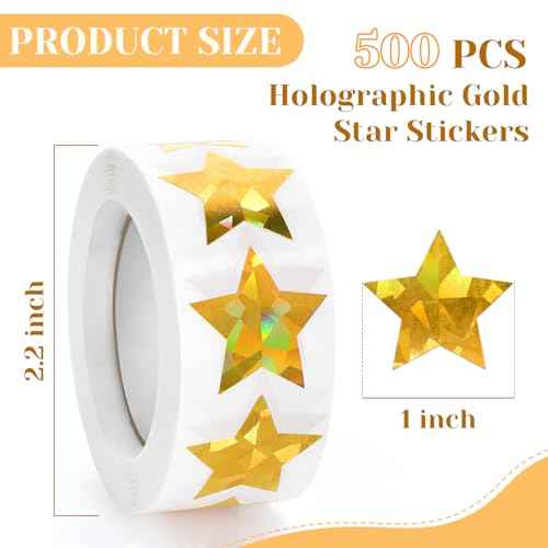 500 PCS Holographic Gold Star Stickers, 1 inch Self Adhesive Metallic Glitter Foil Stickers Sparkly Star Sticker Reward Behavior Chart Labels for Kids Students Teachers Supplies