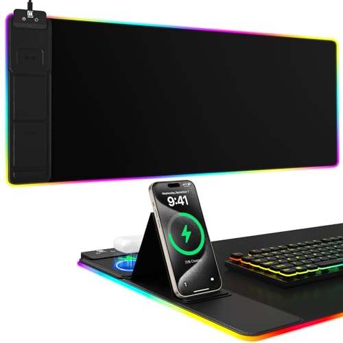 Wireless Charging RGB Mouse Pad with Foldable Phone Stand - 31.5x15.8 inch, No Adapter, Black