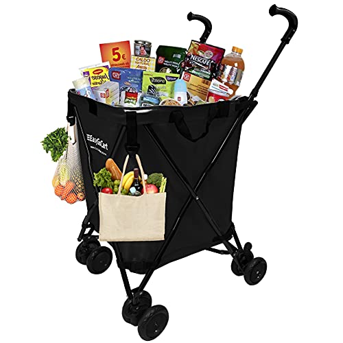 EasyGo Grocery Shopping Cart Laundry Basket Rolling Utility Cart with Wheels ? Removable Canvas Bag, Versa Wheels & Rear Brakes - Easy Folding 120lb Capacity ? Copyrighted, Black
