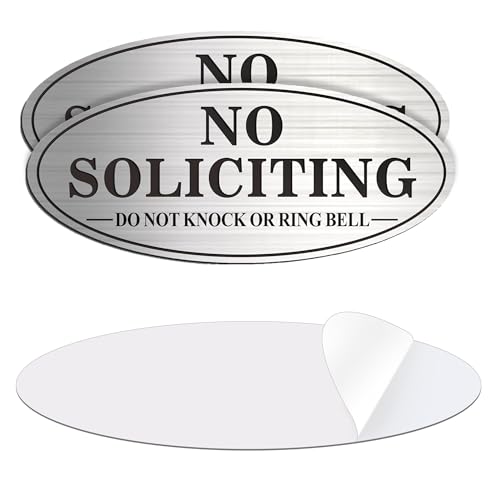 Brushed Silver & Black No Soliciting Sign - 2 Pack, Self-Adhesive Metal Door Signs, 7x3 Inches, Do Not Knock or Ring Bell, Medium