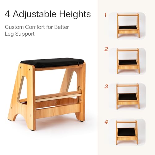 StrongTek Double Step Footrest, Adjustable Wooden Foot Stool with 3 Height Levels, Cushioned Top & Non-Slip Base, Ergonomic Under Desk Leg Rest for Office Home
