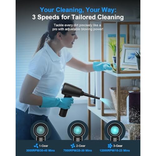 Compressed Air Duster for PC: JoyGeek 11 in 1 Electric Air Duster - 3-Gear Adjustable 120000 RPM Electric Air Duster with LED Light - 9000mAh Cordless Air Compressor for Office/Computer/Car