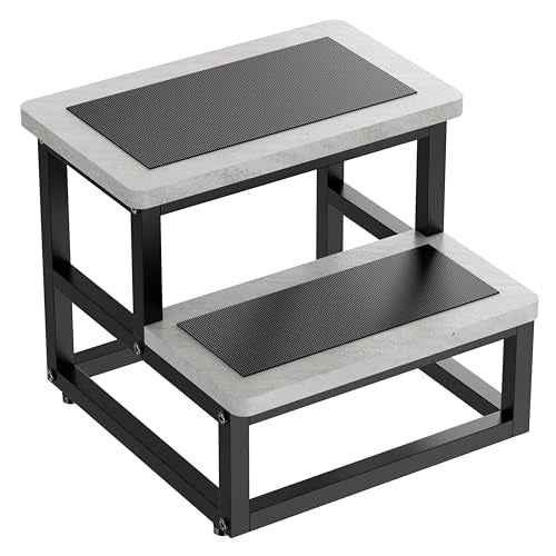Step Stools, Heavy Duty Stepping Stool for Kids Adults, Non-Slip Metal and Wooden 2 Steps Foot Stool for High Beds and Kitchen, Round Corner, 500 Lbs Capacity, Cement Gray