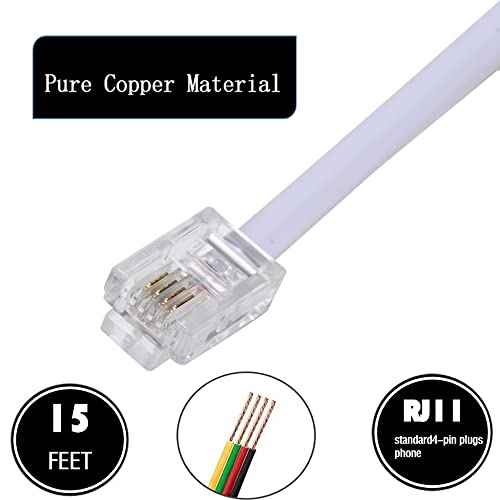 15 Feet Long Telephone Extension Cord Phone Cable Line Wire, with Standard RJ11 Plug and 1 in-Line Couplers and 15 Cable Clip Holders-White