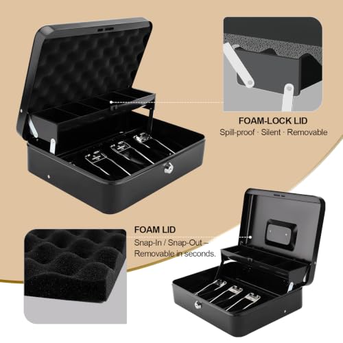 Parrency K-Black Cash Box with Money Tray, Key Lock, 11.8 x 9.5 x 3.5 in
