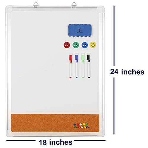 White Board Cork Board Combo - 18x24 in Dry Erase Board with Cork and 1 Magnetic Eraser, 4 Dry Wipe Markers, 4 Magnets and 10 Pins - Wall Hanging Whiteboard with Corkboard for Home and Office