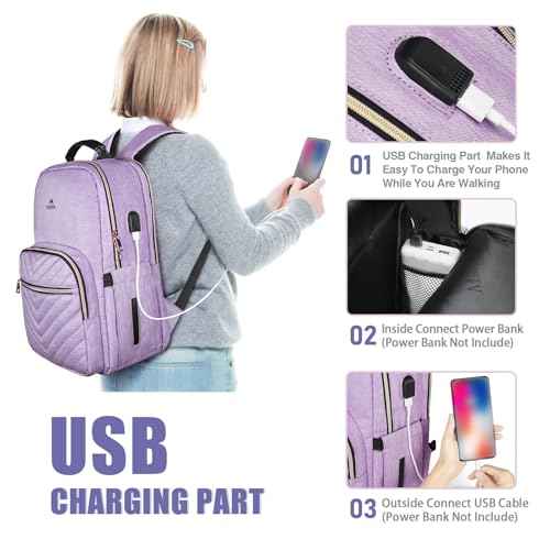 MATEIN 17 Inch Laptop Backpack, Womens Travel Laptop Backpack, Large Water Resistant College Teacher Nurse Work Bag Lightweight Daypack Computer Bagpack with USB Charging Port, Light Purple