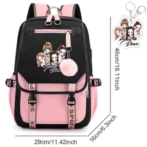 USB Black Backpack Pink Shut Down Korean Casual Backpack Daypack Laptop Bag College Bag (B1)