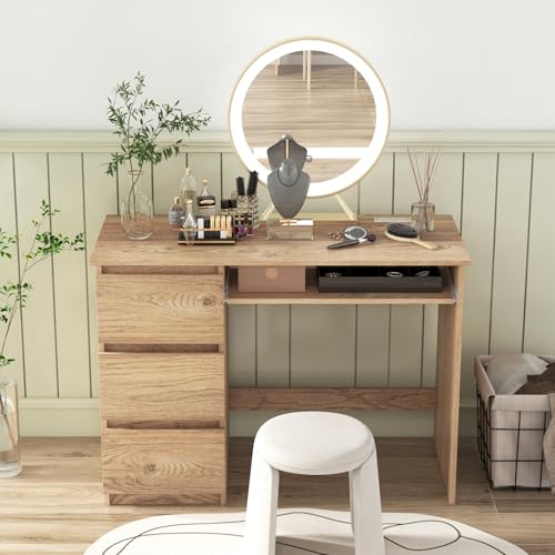 Tangkula Natural Computer Desk with 3 Storage Drawers & Built-in Charging Station